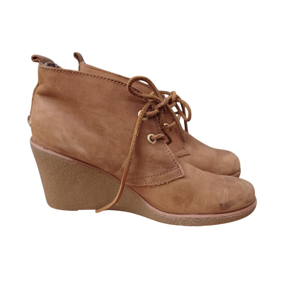 Sperry Harlow Burnished  Leather Wedge Platform Booties in Cognac 6.5 M